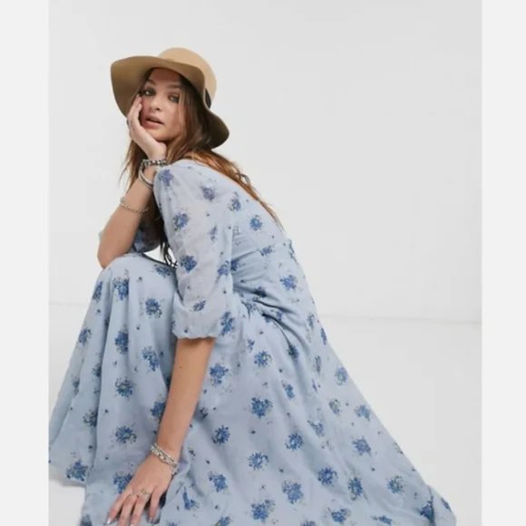 Free People Sea Glass Floral Puff Sleeve Midi Dress Blue Combo Sz 4 (S/M) - Picture 5 of 10